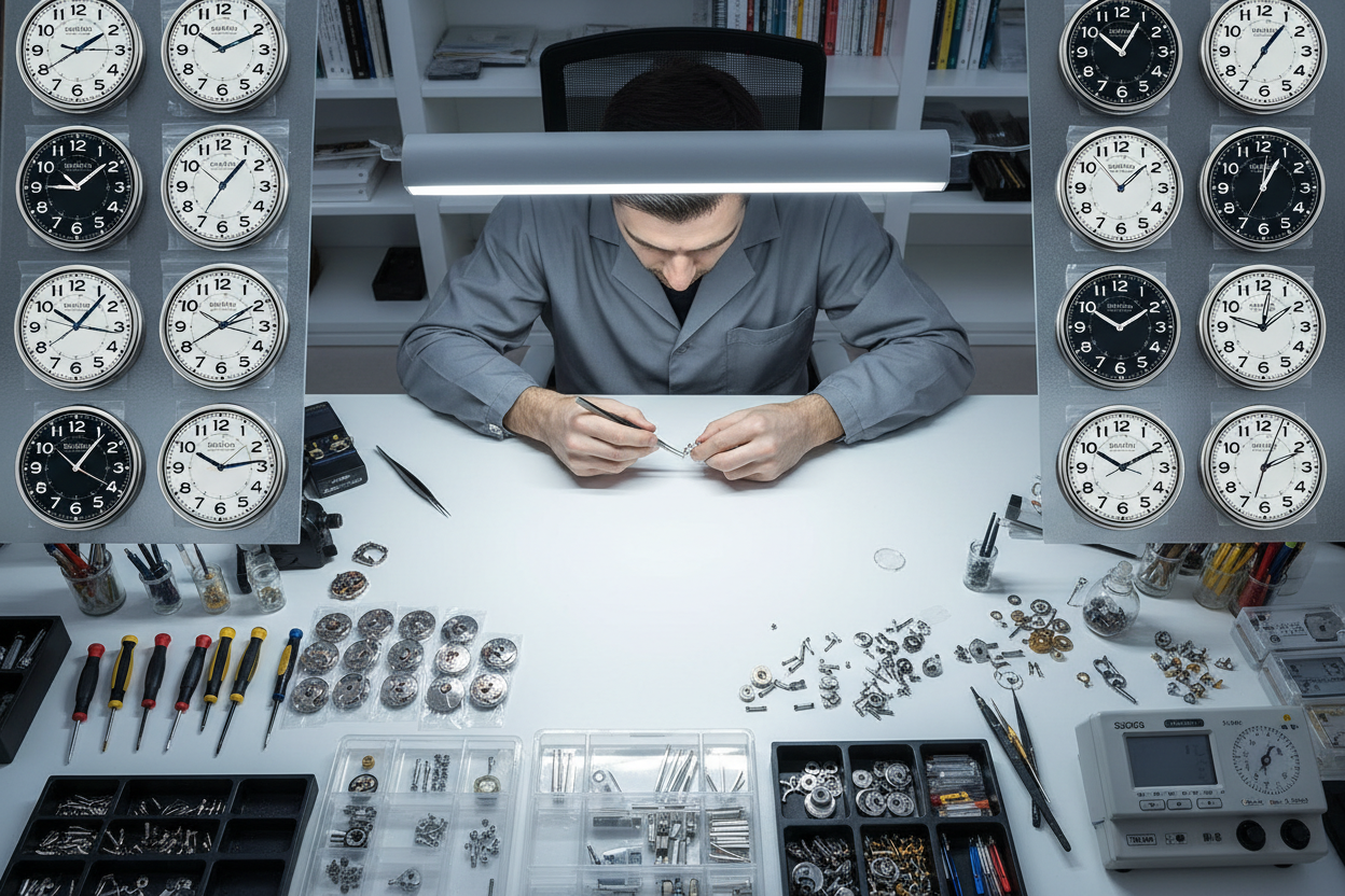 Génére un image d’un horloger dans un atelier moderne pour assembler des montre (l’image au centre sera caché par un texte alors rempli le contour avec des mouvement nh35 seiko des cadrans seiko Arabic etc)